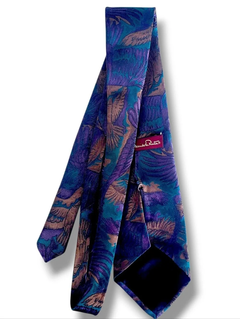 Vintge Oscar De La Renta Studio Mauve Leaves Birds Vintage Tie Purple Blue